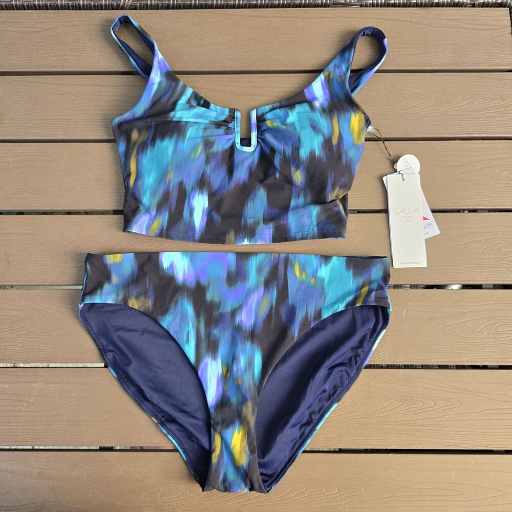 CALIA Women Opulent Blossom U-bar Longline Top (S) & Mid Rise Bikini (M) New